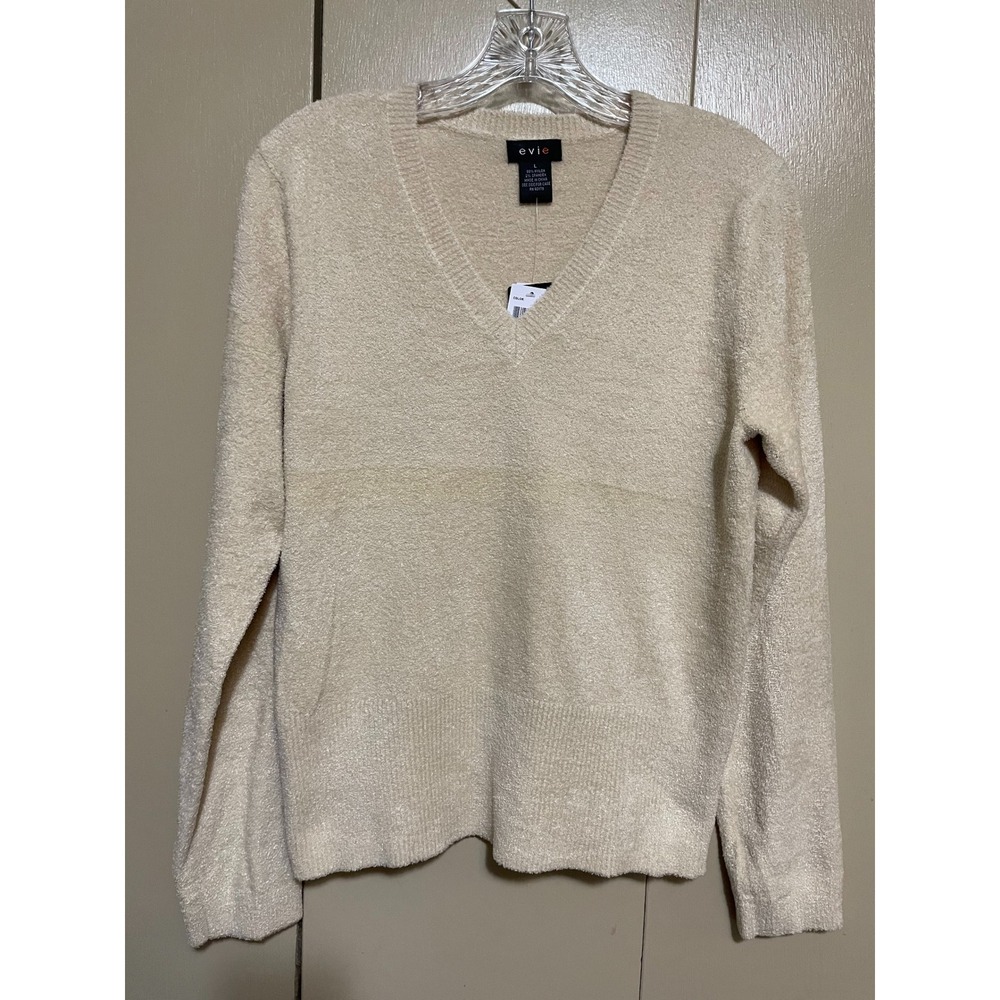 Evie Adobe Beige A V-Neck Fuzzy Eyelash Knit Pullover Sweater Women Large 198724
